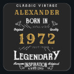 Sticker Carré 50th Birthday 1972 Ajouter le nom Legendary Black<br><div class="desc">Pour ceux qui fêtent leur anniversaire, nous avons les autocollants d'anniversaire idéaux. L'arrière - plan noire au design blanc et doré est simple, mais élégante et rétro. Customisez facilement le texte de cet anniversaire en utilisant le modèle fourni. Plus de cadeaux et de fournitures de fête disponibles avec le design...</div>