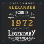 Sticker Carré 50th Birthday 1972 Ajouter le nom Legendary Black<br><div class="desc">Pour ceux qui fêtent leur anniversaire, nous avons les autocollants d'anniversaire idéaux. L'arrière - plan noire au design blanc et doré est simple, mais élégante et rétro. Customisez facilement le texte de cet anniversaire en utilisant le modèle fourni. Plus de cadeaux et de fournitures de fête disponibles avec le design...</div>