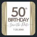 Sticker Carré 50th Birthday Gold Enregistrer la date Elegant Scr<br><div class="desc">Belle bordure en fausse feuille avec reflets chatoyants sur la bordure supérieure et inférieure. Tout le texte est ajustable et facile à changer pour vos besoins de partie. Grande élégante conception modèle de 50ème anniversaire.</div>