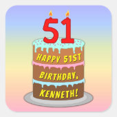 Sticker Carré 51e anniversaire : Fun Cake and Candles + Nom pers (Devant)