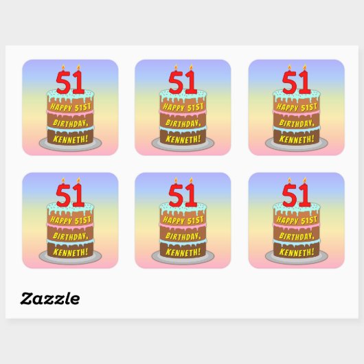 Sticker Carré 51e anniversaire : Fun Cake and Candles + Nom pers (Feuille)