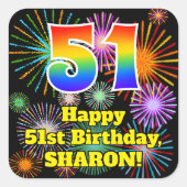 Sticker Carré 51e anniversaire : Fun Fireworks Look, Arc-en-ciel (Devant)
