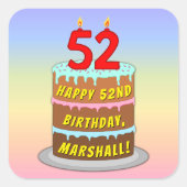 Sticker Carré 52e anniversaire : Fun Cake and Candles + Nom pers (Devant)