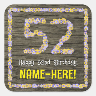 Sticker Carré 52e anniversaire : numéro floral, Faux Wood Look,