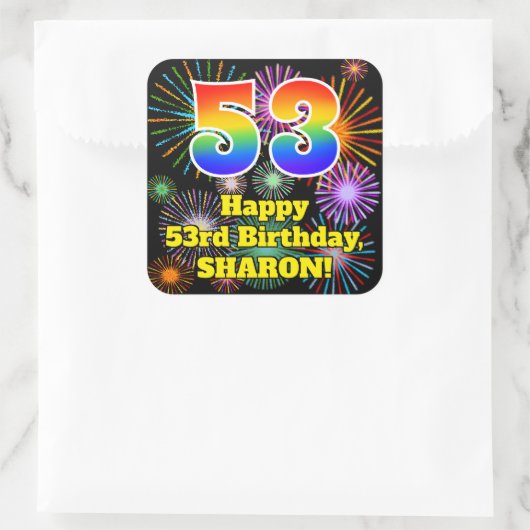 Sticker Carré 53e anniversaire : Fun Fireworks Look, Arc-en-ciel (Sac)