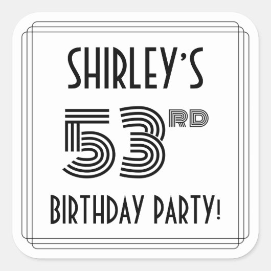 Sticker Carré 53e fête d'anniversaire : Style Art Déco + Nom per (Devant)