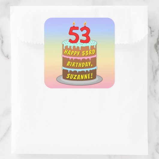 Sticker Carré 53rd Birthday: Fun Cake and Candles + Custom Name (Sac)