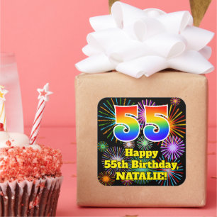 Sticker Carré 55e anniversaire : Fun Fireworks Look, Arc-en-ciel