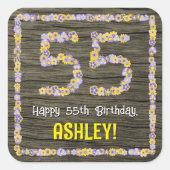 Sticker Carré 55e anniversaire : numéro floral, Faux Wood Look,  (Devant)