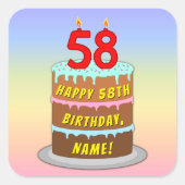 Sticker Carré 58e anniversaire : Fun Cake and Candles + Nom pers (Devant)