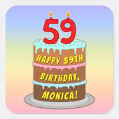 Sticker Carré 59e anniversaire : Fun Cake and Candles + Nom pers (Devant)