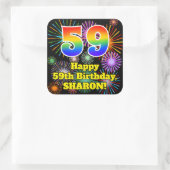 Sticker Carré 59e anniversaire : Fun Fireworks Look, Arc-en-ciel (Sac)