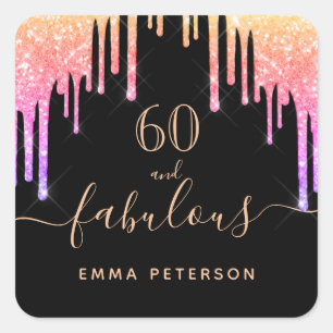 Sticker Carré 60 fabuleux anniversaire noir rose gouttes d'or