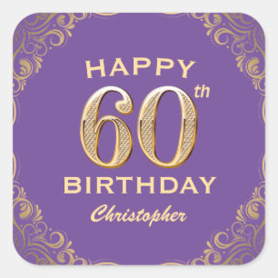 Sticker Carré 60e anniversaire fête violet et Parties scintillan