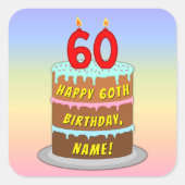 Sticker Carré 60e anniversaire : Fun Cake and Candles + Nom pers (Devant)