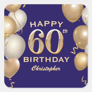 Sticker Carré 60e Anniversaire Marine Bleu et Ballons d'or