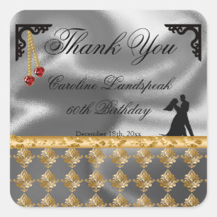 Sticker Carré 60e anniversaire Merci Argent Foil Gold Damask
