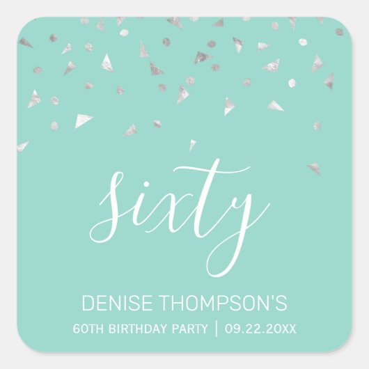 Sticker Carré 60e anniversaire Mint Green Silver Confetti (Devant)