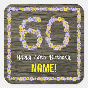 Sticker Carré 60e anniversaire : numéro floral, Faux Wood Look, 