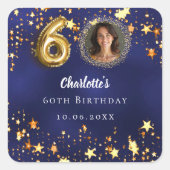 Sticker Carré 60e anniversaire photo étoiles bleu marine or (Devant)