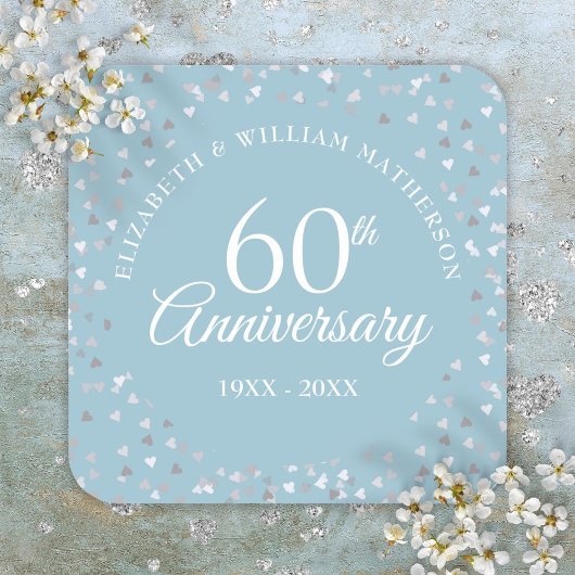 Sticker Carré 60e Anniversaire Script Coeurs d'amour Confetti
