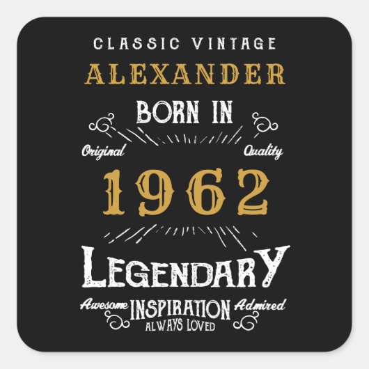 Sticker Carré 60th Birthday 1962 Ajouter le nom Legendary Black (Devant)