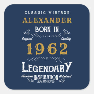 Sticker Carré 60th Birthday 1962 Ajouter Nom Legendary Blue Gold