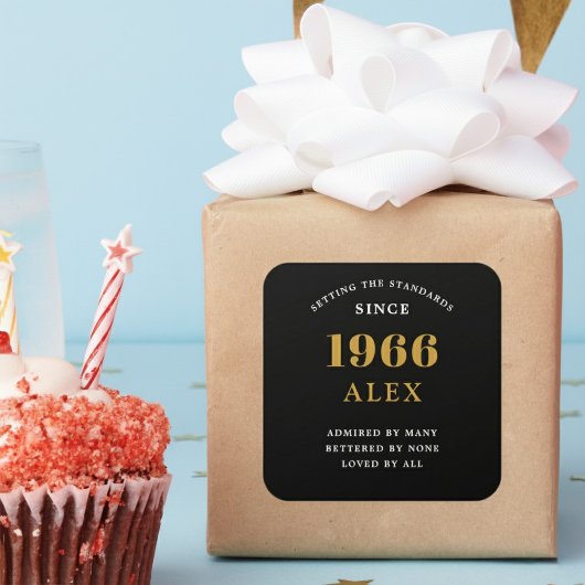 Sticker Carré 60th Birthday Name 1966 Black Gold Elegant Chic