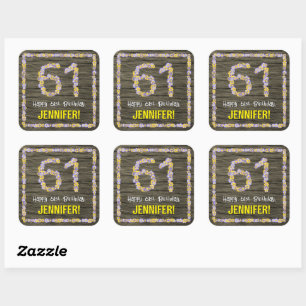 Sticker Carré 61e anniversaire : Floral Number, Faux Wood Look,