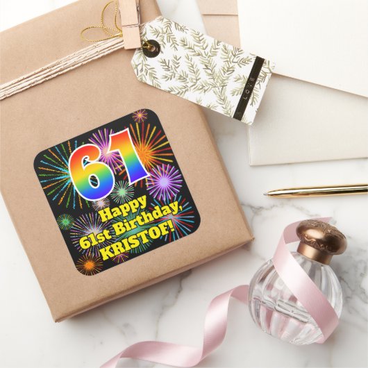 Sticker Carré 61e anniversaire : Fun Fireworks Look, Arc-en-ciel (Cadeaux)