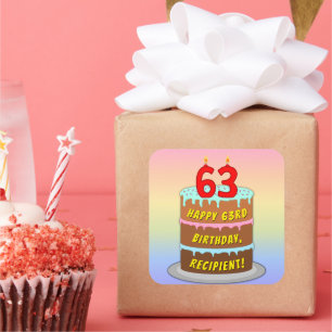 Sticker Carré 63e anniversaire : Fun Cake and Candles + Nom pers