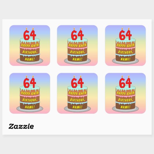Sticker Carré 64e anniversaire : Fun Cake and Candles + Nom pers (Feuille)