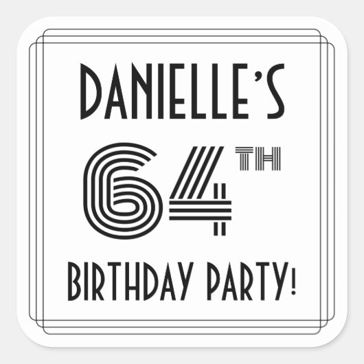 Sticker Carré 64e fête d'anniversaire : Style Art Déco + Nom per (Devant)
