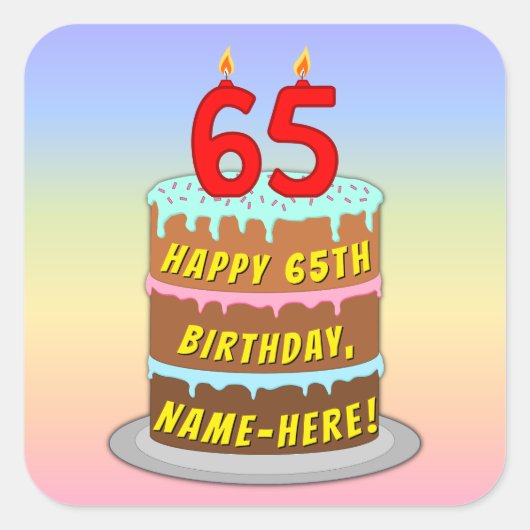 Sticker Carré 65e anniversaire : Fun Cake and Candles + Nom pers (Devant)