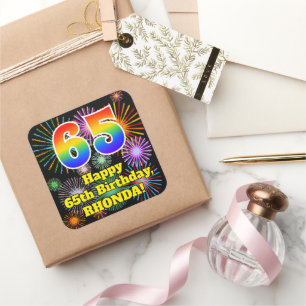 Sticker Carré 65e anniversaire : Fun Fireworks Look, Arc-en-ciel