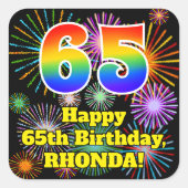 Sticker Carré 65e anniversaire : Fun Fireworks Look, Arc-en-ciel (Devant)