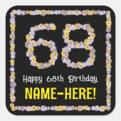 Sticker Carré 68e anniversaire : Floral Flowers Numéro, Nom pers (Devant)