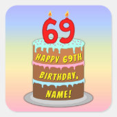 Sticker Carré 69e anniversaire : Fun Cake and Candles + Nom pers (Devant)