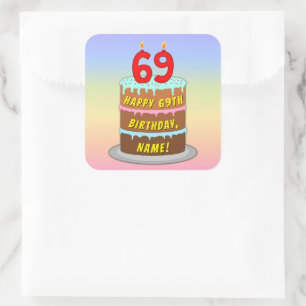 Sticker Carré 69e anniversaire : Fun Cake and Candles + Nom pers