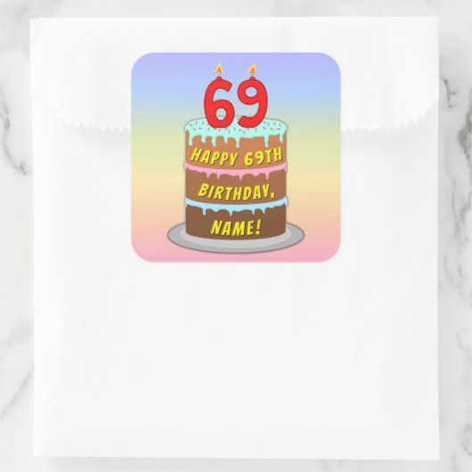 Sticker Carré 69e anniversaire : Fun Cake and Candles + Nom pers (Sac)