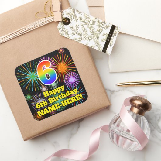 Sticker Carré 6e anniversaire : Fun Fireworks Look, Arc-en-ciel (Cadeaux)