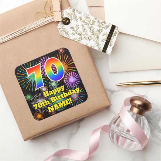 Sticker Carré 70e anniversaire : Fun Fireworks Look, Arc en ciel (Cadeaux)