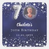 Sticker Carré 70e anniversaire photo navy bleu étoiles argentées (Devant)