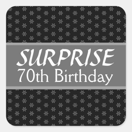 Sticker Carré 70e SURPRISE Anniversaire Noir Argent Rouge (Devant)