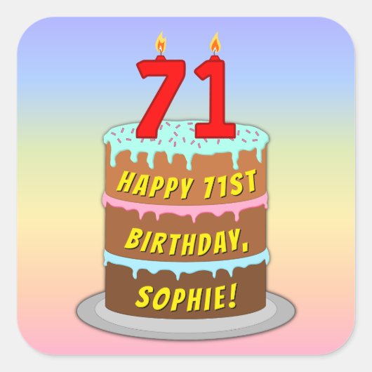 Sticker Carré 71e anniversaire : Fun Cake and Candles + Nom pers (Devant)