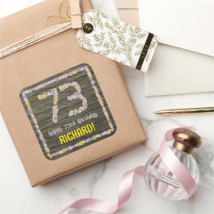 Sticker Carré 73e anniversaire : numéro floral, Faux Wood Look,