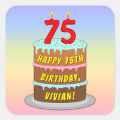 Sticker Carré 75e anniversaire : Fun Cake and Candles + Nom pers (Devant)