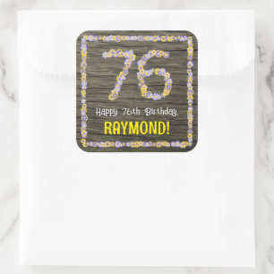 Sticker Carré 76e anniversaire : numéro floral, Faux Wood Look,
