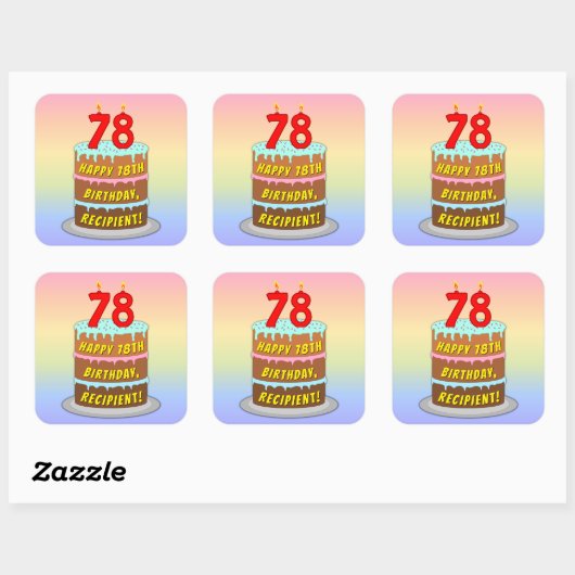 Sticker Carré 78e anniversaire : Fun Cake and Candles + Nom pers (Feuille)