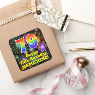 Sticker Carré 79e anniversaire : Fun Fireworks Look, Arc-en-ciel